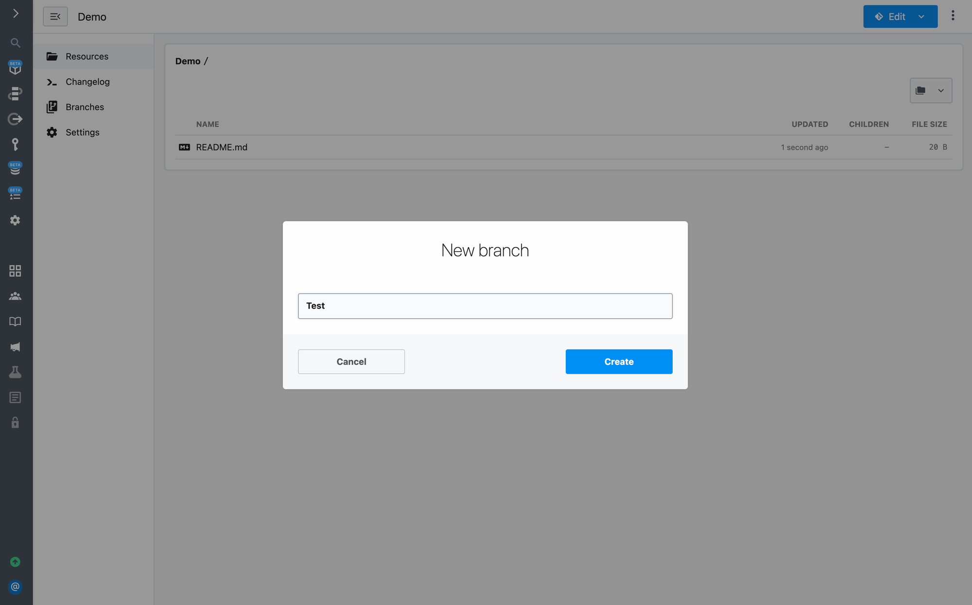 Enter your desired branch name, and click create to create the branch